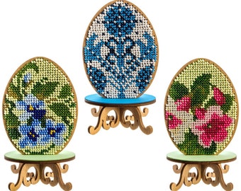 Beaded egg DIY kit festive table decor embroidered Easter ornament with cute chicken wooden blank cutout for beadwork