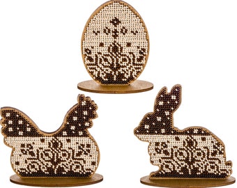 Beaded egg DIY kit festive table decor embroidered Easter ornament with cute chicken wooden blank cutout for beadwork