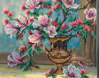 Bead Embroidery Kit "Pearlescent glow" | DIY Beadwork Kit for Adults on Printed Canvas, Preciosa Beads