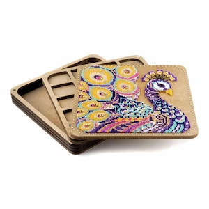 DIY kralenborduurpakket "Peacock", houten kralenopberger met houten deksel, opbergdoos rocailles, kralendoos, kralengereedschap