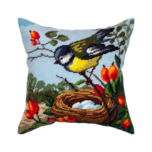 DIY Needlepoint Pillow Kit "Tit at Her Nest", Tapestry cushion kit, Half Cross Stitch Kit, Embroidery kit, size 16"x16" (40x40 cm), Printed