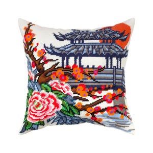 DIY Needlepoint Pillow Kit &quot;Japanese Garden&quot;, Tapestry cushion kit, Half Cross Stitch Kit, Embroidery kit, size 16&quot;x16&quot; (40x40 cm), Printed