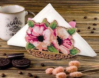 DIY napkin holder kit "Pink poppies", beading embroidery kit, bead stitching, beadwork craft kit, wood decor