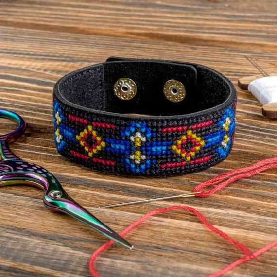 Cross-stitch Kits on Leather ethnic Ornament, DIY Bracelet