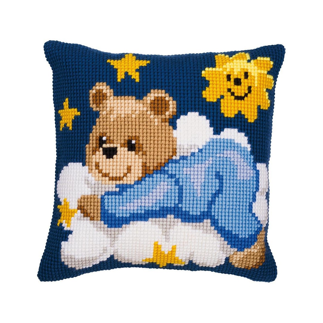 DIY Cross Stitch Cushion Kit blue Nightime Bear, Needlepoint Pillow Kit