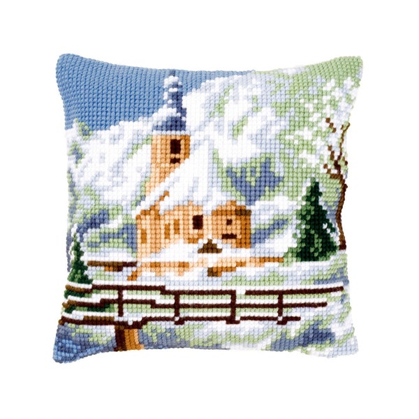 DIY Cross Stitch Cushion Kit "Church in the snow", Needlepoint Pillow Kit, Embroidery kit, 16"x16"