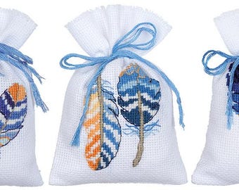 DIY Counted Cross Stitch Kit "Bag kit Blue feathers set of 3"  Embroidery kit, Home decor, Gift for her