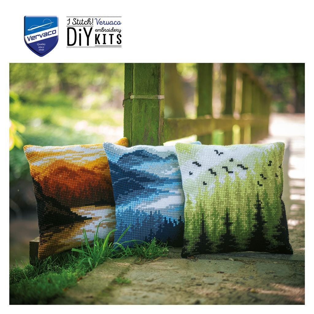 Kit Punto Croce Per Cuscino Paesaggio 45x45 Cm | Per Principianti Con Tela Stampata E Fili | Decorazione Casa Fai Da Te
