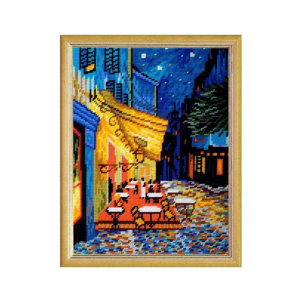 DIY Printed Tapestry kit "Cafe Terrace at Night, V. van Gogh" 14.2x18.5 in / 36x47 cm, Needlepoint Kit, Embroidery kit, Printed Canvas