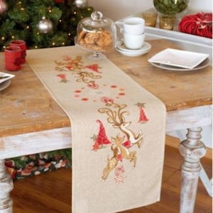 DIY Aida Table Runner kit &quot;Jumping Reindeers&quot;, Counted Cross Stitch Kit, Embroidery table decor kit