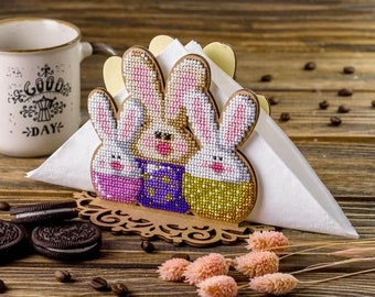 DIY napkin holder kit "Rabbits", beading embroidery kit, bead stitching, beadwork craft kit, wood decor