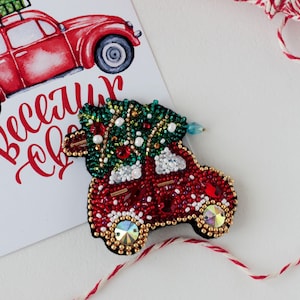 DIY Jewelry making kit &quot;Christmas car&quot;, Seed beaded brooch, Bead Embroidery Kit A05