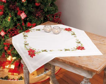DIY bedrukt tafelkleedpakket "kerstrozen", bedrukt borduurpakket, borduurpakket tafeldecoratie