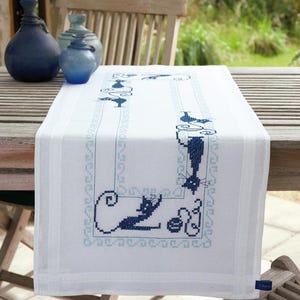 DIY Printed Table Runner kit &quot;Cheerful cats&quot;, Printed Cross Stitch Kit, Embroidery table decor kit