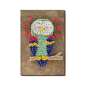 Op de afbeelding: Een groene, blauwe, rode en gele string art uil met gesloten ogen op een bruine houten achtergrond. De uil is omringd door rode harten.