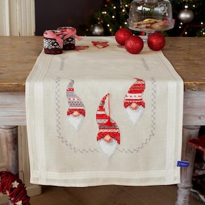 DIY Printed Table Runner kit &quot;Christmas gnomes&quot;, Printed Cross Stitch Kit, Embroidery table decor kit