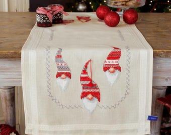 DIY Printed Table Runner kit "Christmas gnomes", Printed Cross Stitch Kit, Embroidery table decor kit