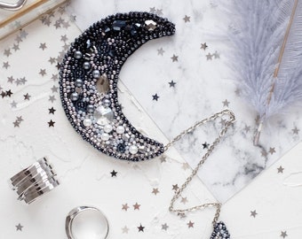 DIY Jewelry making kit "Moon", Seed beaded brooch, Bead Embroidery Kit