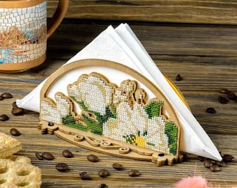 DIY napkin holder kit &quot;White peonies&quot;, beading embroidery kit, bead stitching, beadwork craft kit, wood decor
