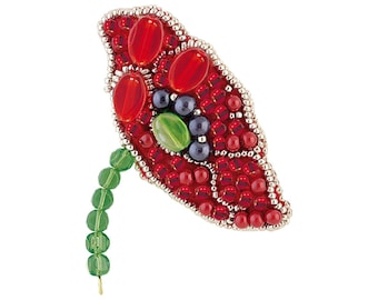 Beadwork kit for creating brooch "Red petals", DIY Jewelry making kit, Seed beaded brooch, Bead Embroidery Kit