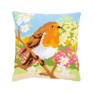 DIY Cross Stitch Cushion Kit &quot;Robin in the garden&quot; | Needlepoint Pillow Kit | Embroidery kit | Home decor