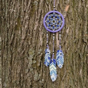 May include: Purple dream catcher with white and blue beaded feathers hanging from a tree trunk.