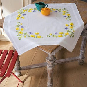 DIY Printed Tablecloth kit "Spring Flowers", Printed Cross Stitch Kit, Embroidery table decor kit