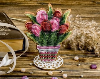 DIY Bead Embroidery Kit on Wood - &quot;Tulips&quot; | Handmade Beaded Décor | Perfect Gift Idea
