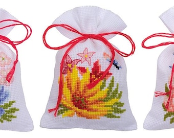 DIY Counted Cross Stitch Kit "Bag kit Colourful flowers set of 3"  Embroidery kit, Home decor, Gift for her