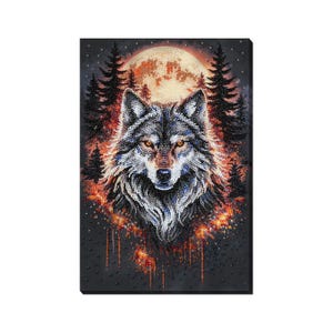 May include: A detailed artwork of a wolf against a backdrop of a full moon and pine trees. The wolf's fur is rendered in shades of gray and white, with piercing yellow eyes. The moon and surrounding elements are in warm orange and red tones.