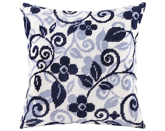 DIY Needlepoint Pillow Kit "Floral Twirls", Tapestry cushion kit, Half Cross Stitch Kit, Embroidery kit, size 16"x16" (40x40 cm), Printed