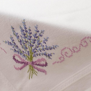 DIY Printed Tablecloth kit "Lavender", Printed Cross Stitch Kit, Embroidery table decor kit