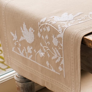 DIY Printed Table Runner kit "White Birds", Printed Cross Stitch Kit, Embroidery table decor kit
