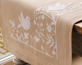 DIY Printed Table Runner kit "White Birds", Printed Cross Stitch Kit, Embroidery table decor kit