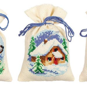 DIY Counted Cross Stitch Kit &quot;Bag kit Wintertime set of 3, Christmas gifts&quot;  Embroidery kit, Home decor, Gift for her