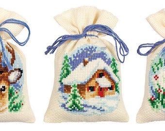 DIY Counted Cross Stitch Kit "Bag kit Wintertime set of 3, Christmas gifts"  Embroidery kit, Home decor, Gift for her
