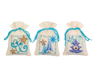 DIY Counted Cross Stitch Kit "Bag kit Christmas set of 3, Christmas gifts"  Embroidery kit, Home decor, Gift for her