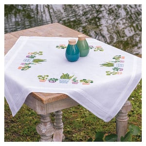 DIY Printed Tablecloth kit &quot;Indoor flowers&quot;, Printed Cross Stitch Kit, Embroidery table decor kit