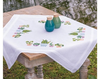 DIY Printed Tablecloth kit "Indoor flowers", Printed Cross Stitch Kit, Embroidery table decor kit