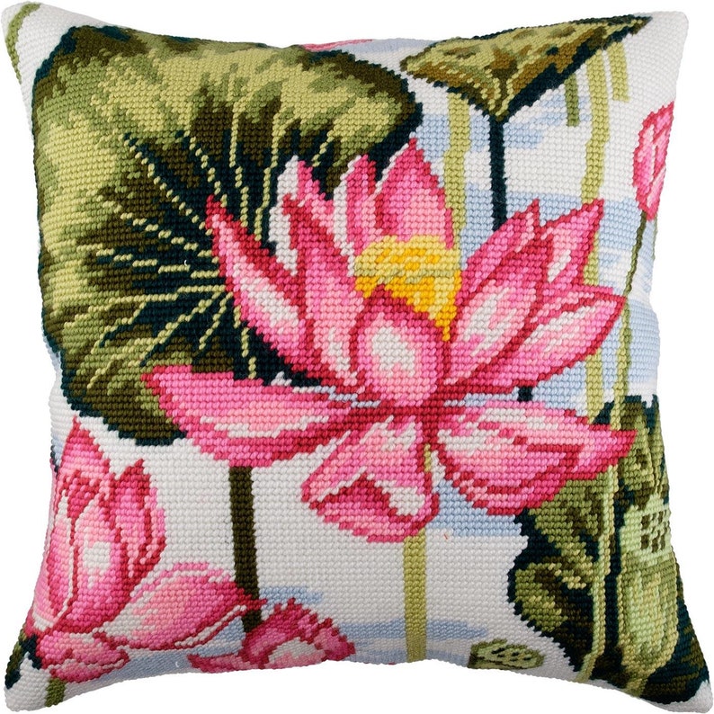 DIY Needlepoint Pillow Kit Lotus, Tapestry cushion kit, Half Cross Stitch Kit, Embroidery kit, size 16x16 40x40 cm, Printed Canvas image 2