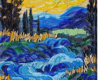 Bead Embroidery Kit "There behind the waterfall" | DIY Beadwork Kit for Adults on Printed Canvas, Preciosa Beads