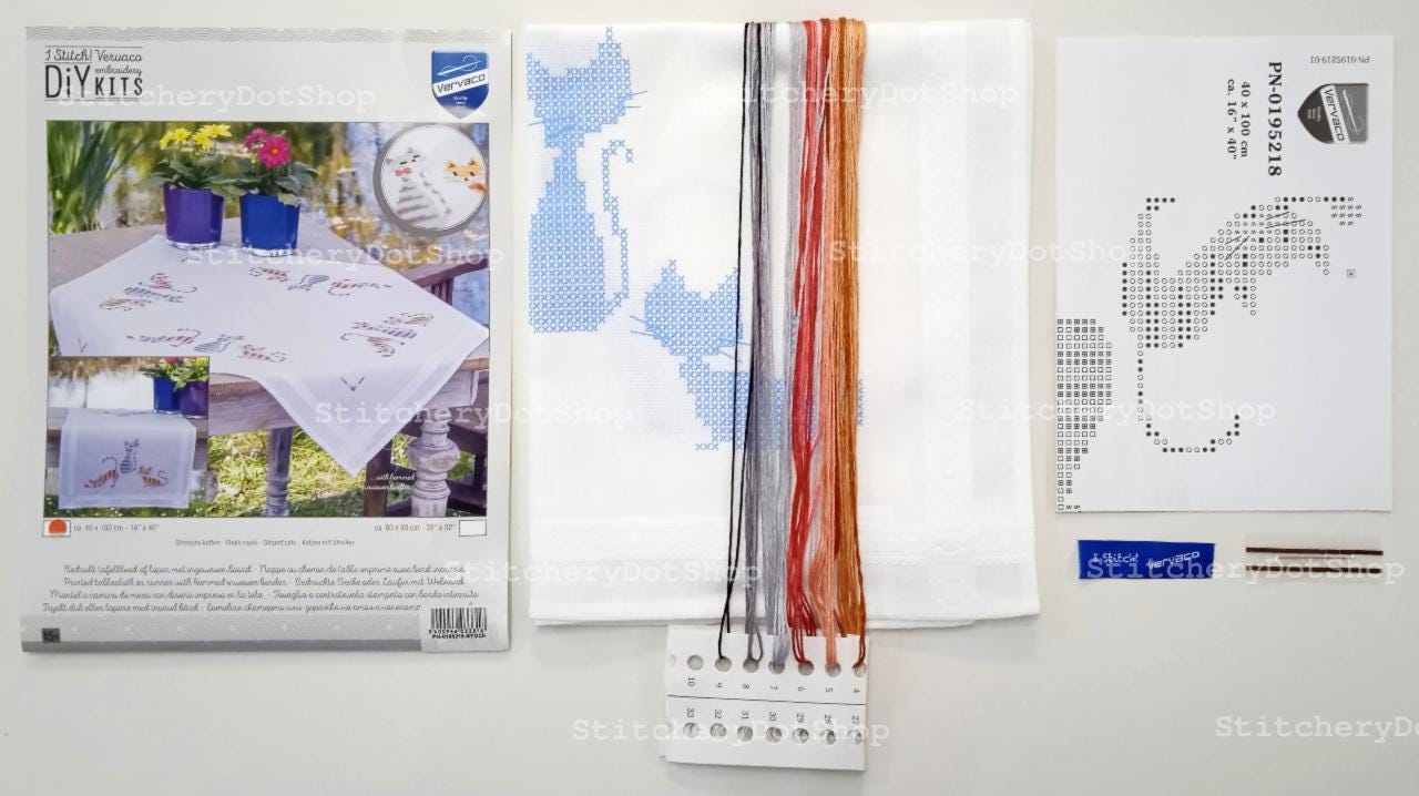 VERVACO Kit Ricamo Centrotavola Gatti Colorati 40x100 Cm - Fai Da Te Con Fili DMC E Tessuto Premium Per Principianti