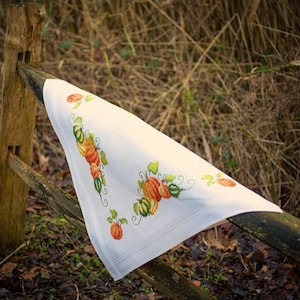 DIY Printed Tablecloth kit "Pumpkins", Printed Cross Stitch Kit, Embroidery table decor kit