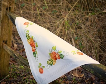 DIY Printed Tablecloth kit "Pumpkins", Printed Cross Stitch Kit, Embroidery table decor kit