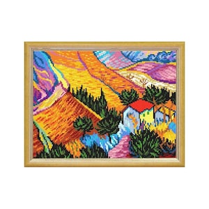 DIY Cross Stitch Kit &quot;Landscape with a house, V. van Gogh&quot; with Printed Tapestry Canvas, 9.4&quot;x12.6&quot; / 24х32 cm, Needlepoint Kit, Embroidery