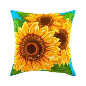 DIY Needlepoint Pillow Kit &quot;Sunflowers&quot;, Tapestry cushion kit, Half Cross Stitch Kit, Embroidery kit, size 16&quot;x16&quot; (40x40 cm), Printed