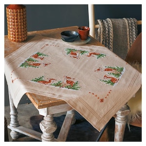 DIY Printed Tablecloth kit "Deer", Printed Cross Stitch Kit, Embroidery table decor kit