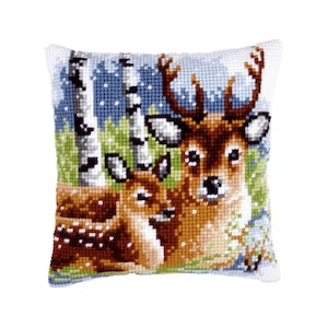DIY Cross Stitch Cushion Kit &quot;Deer family&quot; | Needlepoint Pillow Kit | Embroidery kit | Home decor