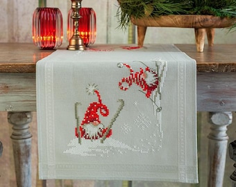 DIY Printed Table Runner kit "Christmas gnomes skiing", Printed Cross Stitch Kit, Embroidery table decor kit