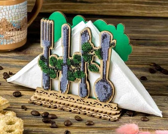 DIY napkin holder kit "Cutlery", beading embroidery kit, bead stitching, beadwork craft kit, wood decor
